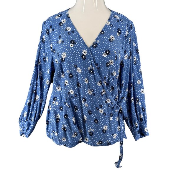 Talbots Plus 1X Blue White Floral Daisey Faux Wrap V Neck Blouse Cottage Boho - Picture 2 of 10